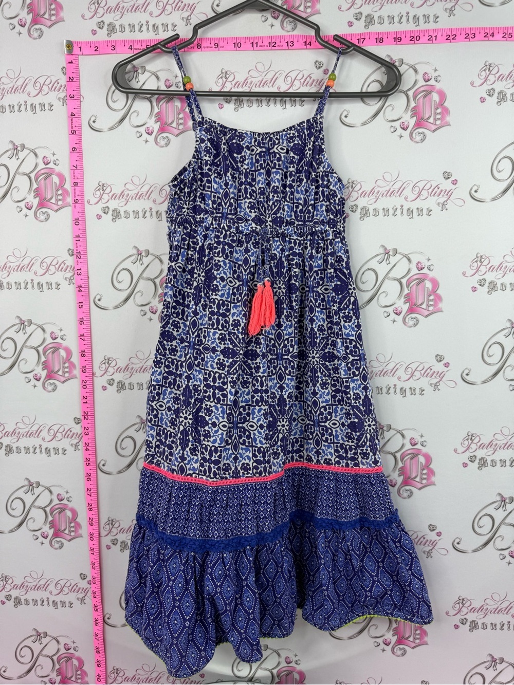 Monsoon dress smock Blue Printed Maxi Dress with Pink Tassel Accent